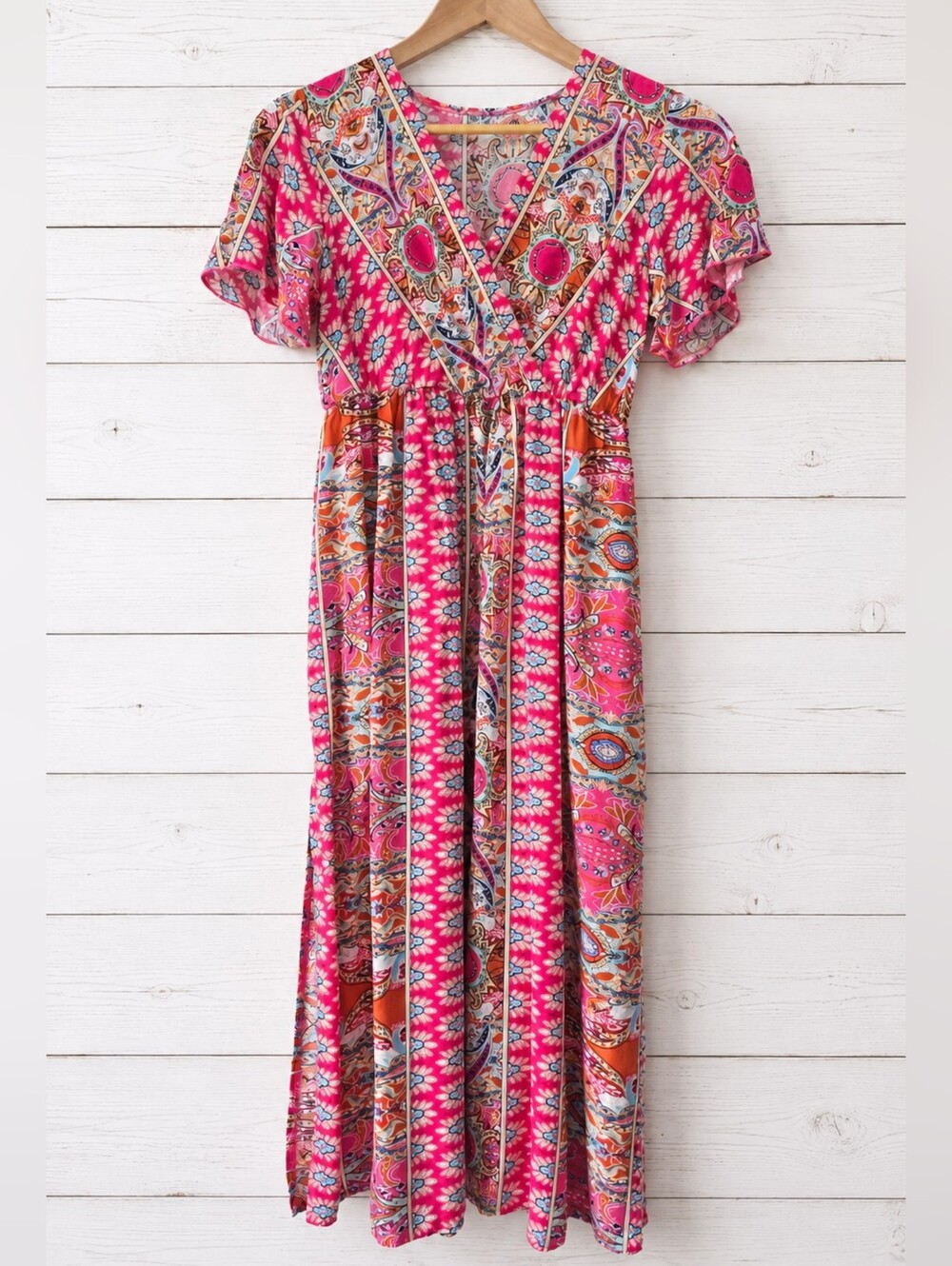 Pink Paisley V-Neck Summer Dress Size S